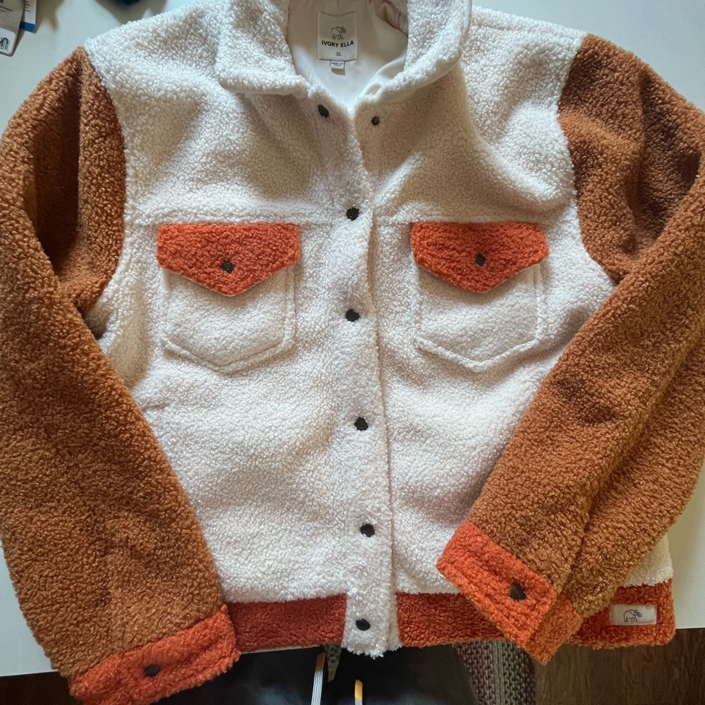 ivory ella Cream Sherpa Jacket with Brown and Orange Accents